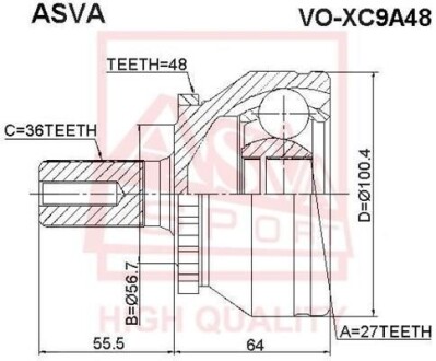 ШРУС ЗОВНІШНІЙ 27X56.7X36 (VOLVO XC90 2003-) ASVA VOXC9A48