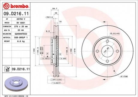 Гальмівний диск BREMBO 09.D216.11 (фото 1)