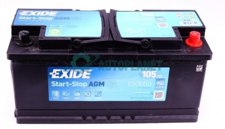 Акумуляторна батарея 105Ah/950A (392x175x190/+R/B13) (Start-Stop AGM) EXIDE EK1050 (фото 1)