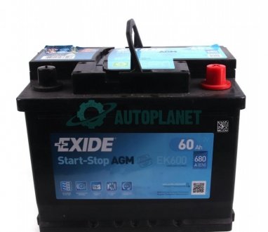 Акумуляторна батарея 60Ah/680A (242x175x190/+R/B13) (Start-Stop AGM) EXIDE EK600 (фото 1)
