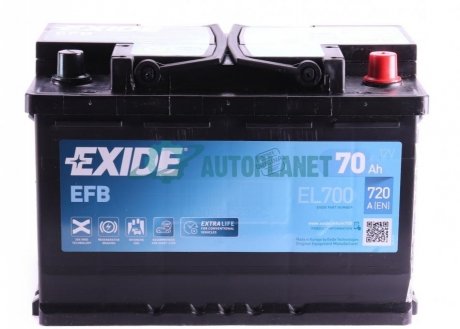 Акумулятор 70Ah-12v EFB (278х175х190), R, EN760 EXIDE EL700 (фото 1)
