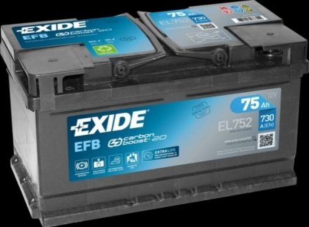 Акумуляторна батарея 75Ah/730A (315x175x175/+R/B13) (Start-Stop EFB) EXIDE EL752
