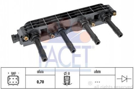 Котушка запалення Astra G/Combo/Vectra B/C /Zafira A 1.6 95- FACET 9.6299 (фото 1)