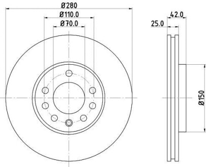 Гальмівний диск перед. Opel Astra G, H/Zafira 98- (вент.) (280x25) HELLA 8DD355106-071