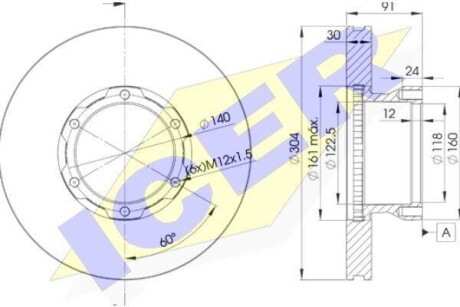 Диск гальмівний (передній) MB 609/Vario 512 16" (304х30) (вентильований) ICER 78BD4240-1