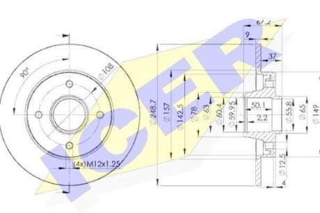 Диск гальмівний (задній) Citroen C4 04-/Peugeot 307 00- (249x9) (+ABS) (з підшипником) ICER 78BD4744-1