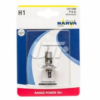 Лампа розжарювання H1 12V 55W P14,5S RANGE POWER +50 (Blister 1шт) (вир-во) NARVA 48334B1