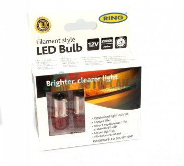 Автолампа RY10W 12V 10W BAU15s Filament LED (2000K/75 lm/3x Long Life) Amber (2шт.) Ring RW589AFSLED