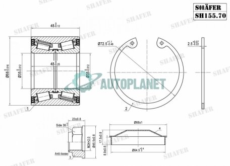 Підшипник задній Renault Trafic, Vivaro, Primastar, 03- (35x48x68), монт. ккт.+ SHAFER SH155.70K