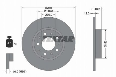 Диск гальмівний (задній) Fiat 500X/Jeep Compass/Renegade 05- (278x12) PRO TEXTAR 92221003 (фото 1)