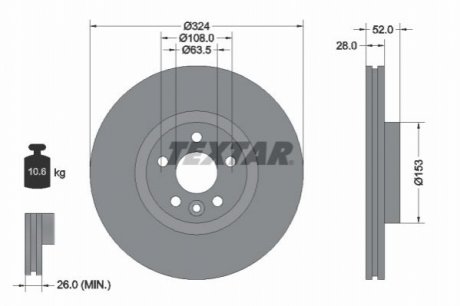 Диск тормозной (передний) Volvo XC 60 08-17 (324x28) PRO+ TEXTAR 92293205 (фото 1)