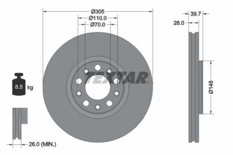 Диск гальмівний (передній) Fiat 500X/Jeep Compass/Renegade 14- (305x28) PRO TEXTAR 92293903