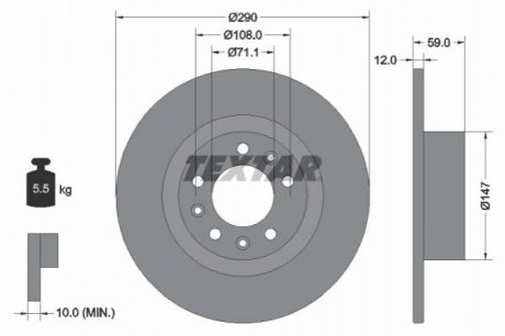 Диск тормозной (задний) Peugeot 508 10-18 (290х12) PRO TEXTAR 92313603 (фото 1)