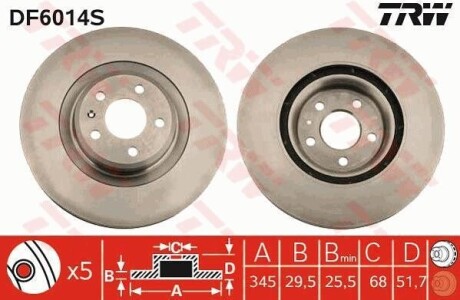 A_Диск гальмівний AUDI A4/A5/Q5 "F "D=345mm "08>> TRW DF6014S