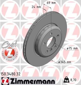 Диск гальмівний (задній) BMW 5 (F10/F11)/6 (F06/F13)/ 7 (F01-04) 09- (345x24) (з покриттям) (вент.) ZIMMERMANN 150.3480.32