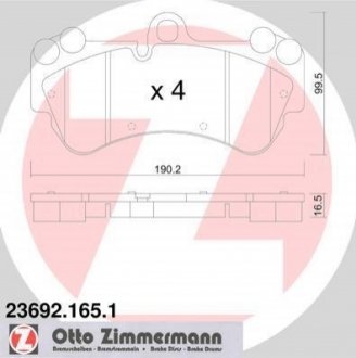 Колодки гальмівні (передні) Porsche Cayenne/VW Touareg 02-10 (Brembo) (190.2x99,5x16.5) ZIMMERMANN 23692.165.1