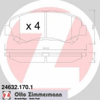 Колодки гальмівні (передні) Nissan Qashqai/X-Trail 07-13 (141.9x58.8x17) (Sumitomo, Akebono) ZIMMERMANN 24632.170.1
