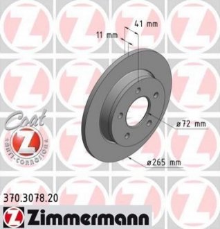 Диск тормозной (задний) Mazda 3 1.3-2.2 MZR 04-14 (265x11) ZIMMERMANN 370.3078.20 (фото 1)